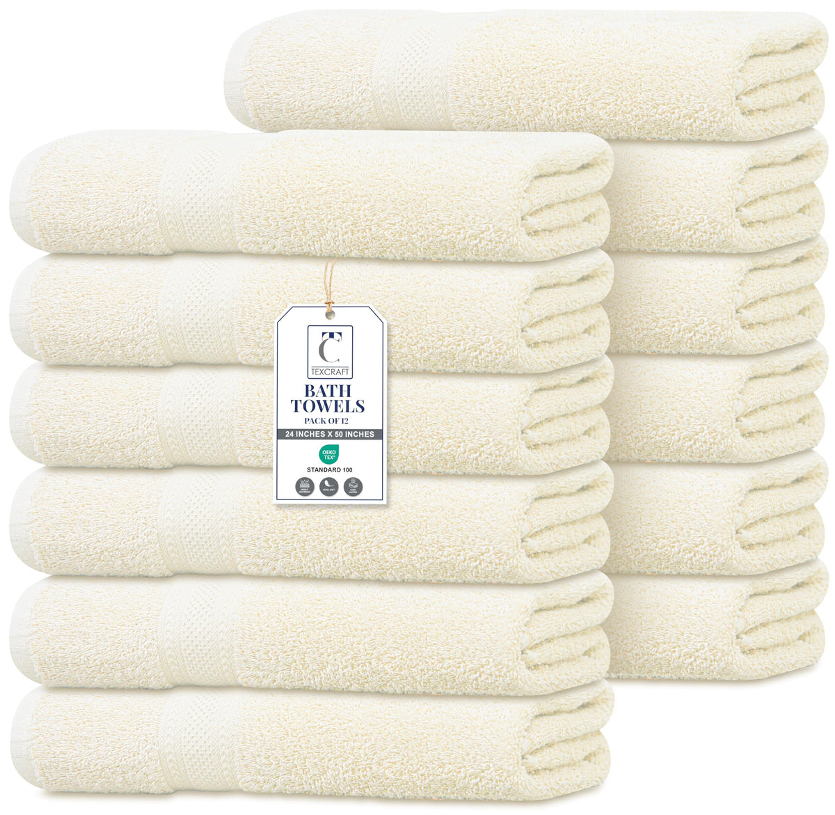 TEXCRAFT Large Bath Towels Set of 6 – 100% Cotton Terry – 24" x 50" – Quick Dry, Soft & Highly Absorbent – Beige Towels for Bathroom, Gym, Spa, Pool & Daily Use