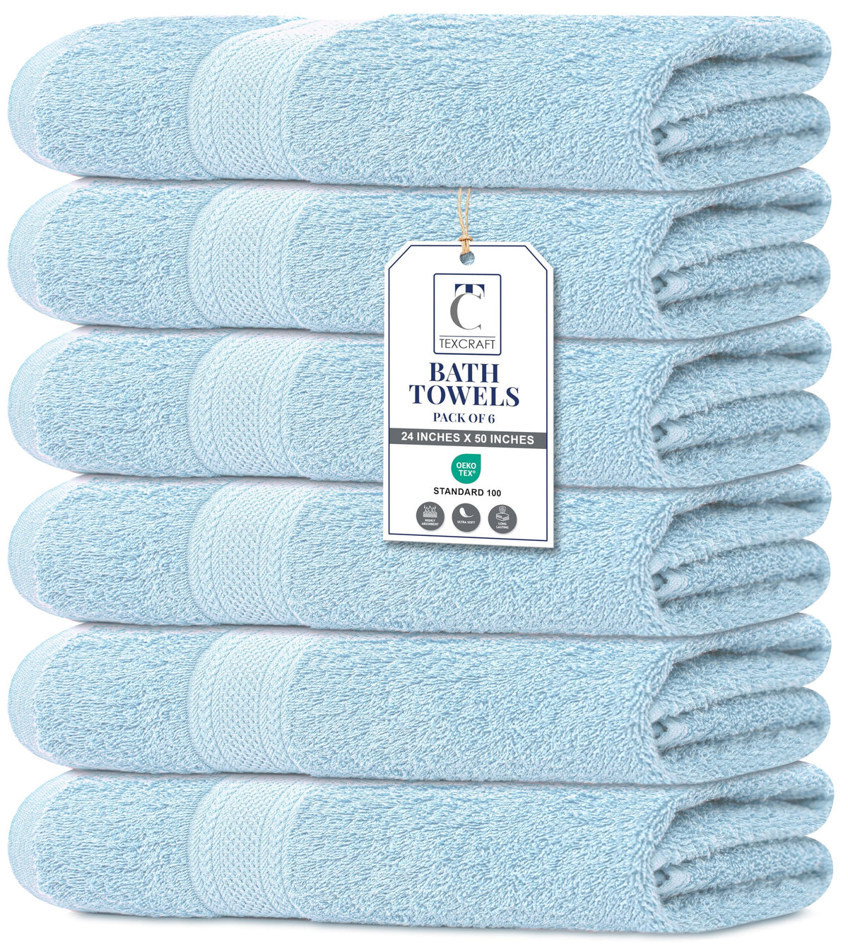 TEXCRAFT Large Bath Towels Set of 6 – 100% Cotton Terry – 24" x 50" – Quick Dry, Soft & Highly Absorbent – Beige Towels for Bathroom, Gym, Spa, Pool & Daily Use